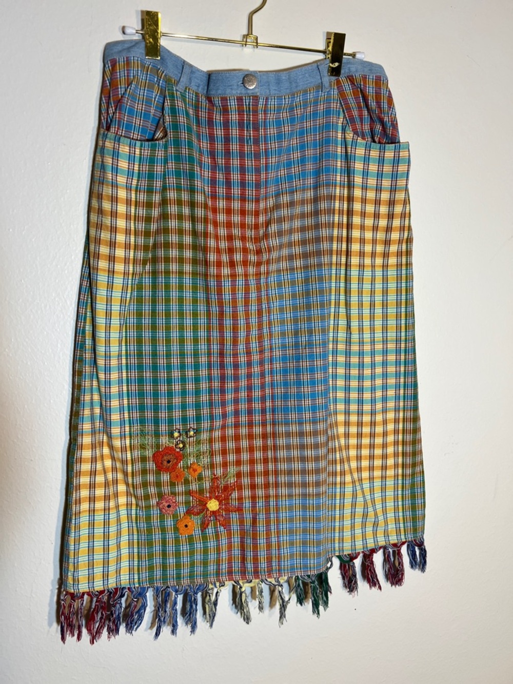 Susan Bristol Colorful Plaid Embroidered Cotton Midi Skirt with Fringe Size 8 M